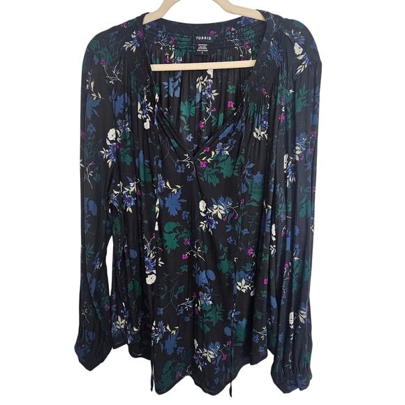 Torrid Chiffon Black Floral Peasant Blouse Size 2X Dark Romance Feminine Moody - Picture 2 of 8
